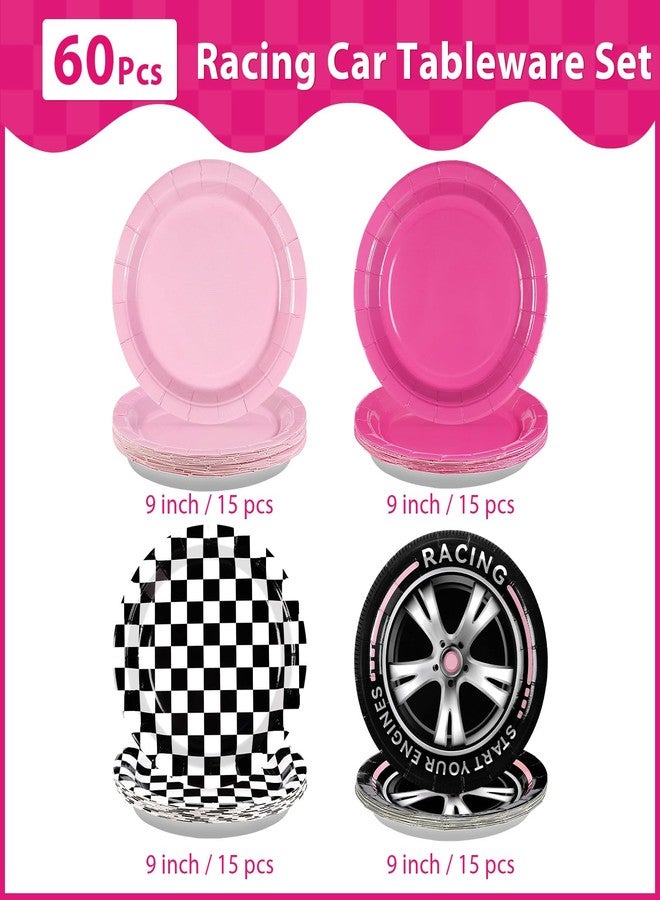 Grencian 60Pcs Pink Race Car Party Plates 9" Racing Party Decorations Pink Black White Checkered Racing Car Paper Plates Disposable for Valentine’s Day Girls Birthday Baby Shower Race Themed Par-ty Supplies - Image 4